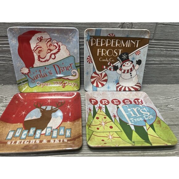 Eco Bamboo Retro Santa Christmas Cookie Plates 6" Set of 4 Holiday Serving - Picture 1 of 6